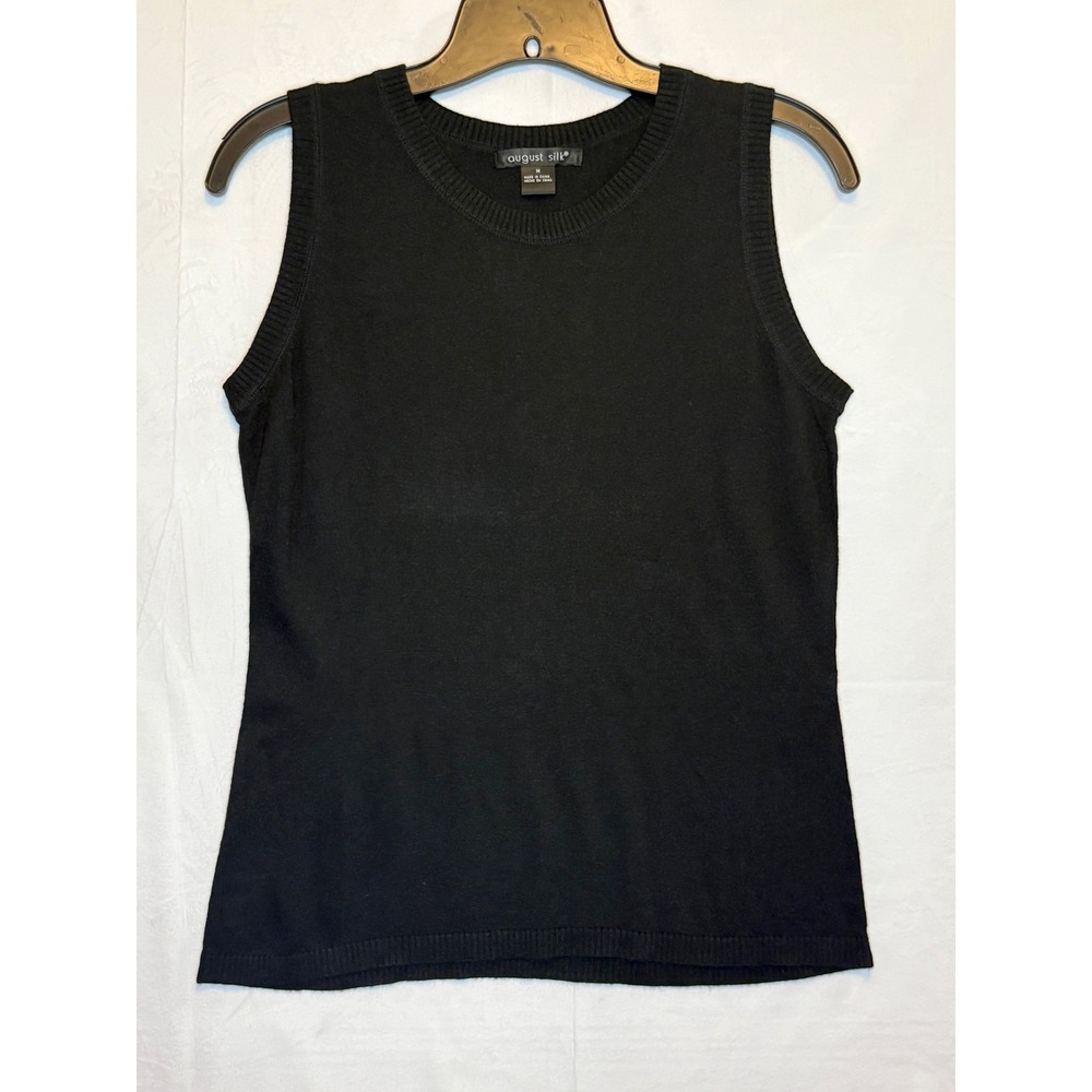 August Silk Sweater Vest Women Medium Black Sleeveless Crew Neck Knit Shell Top